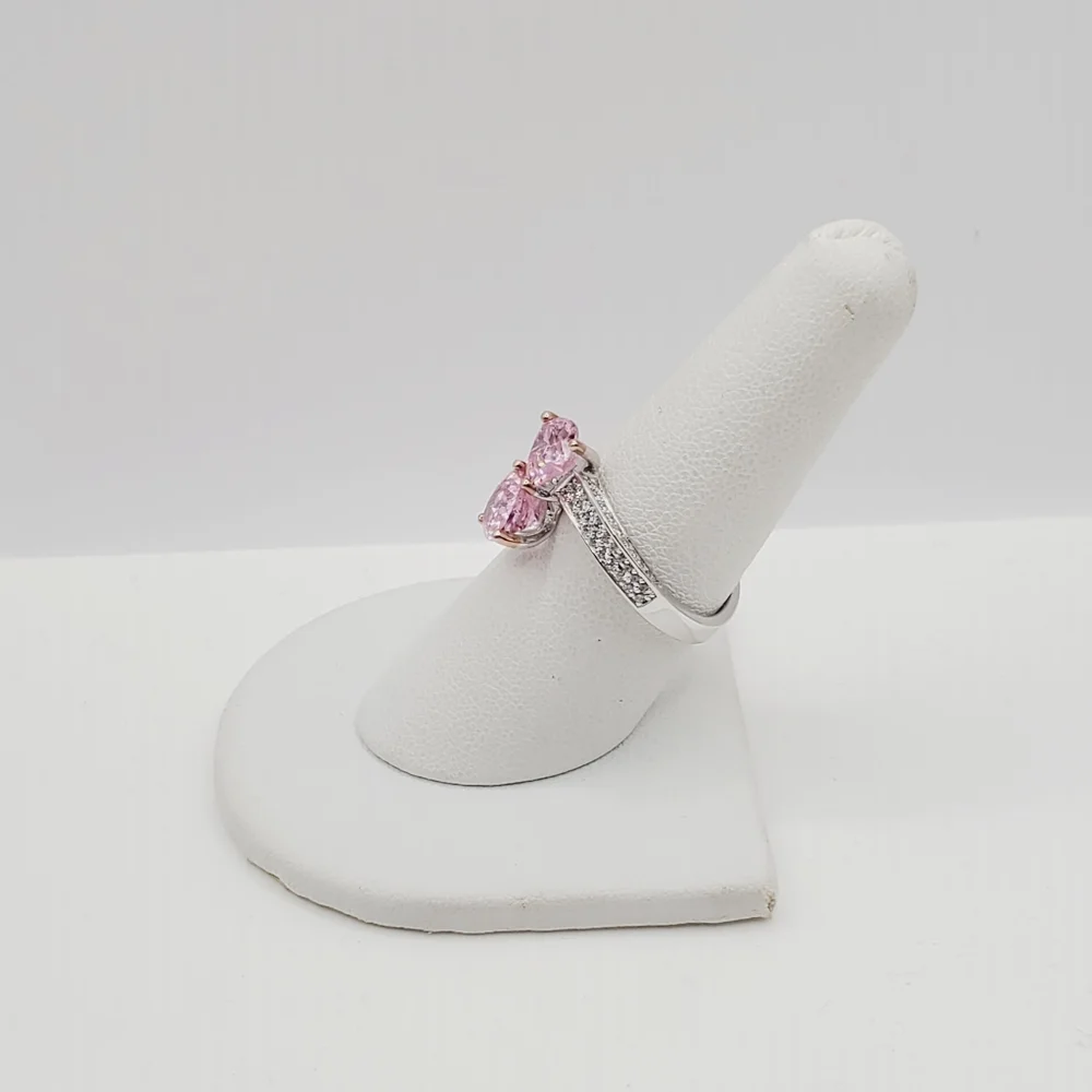 Pink Double Heart Silver Ring
